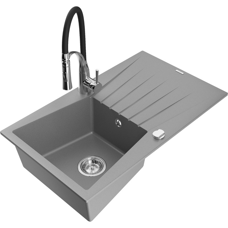 Mexen Cesar chiuvetă de granit 1-cameră cu picurător și robinet de bucătărie Aster, gri - 6514-71-73450-07