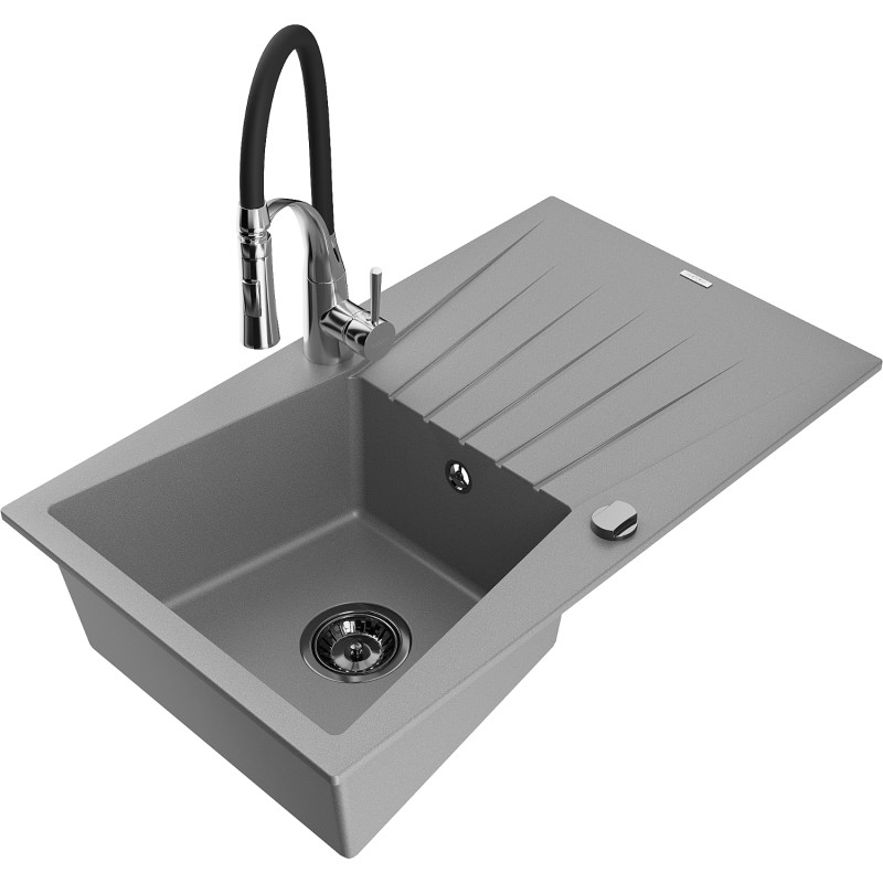 Mexen Cesar chiuvetă de granit cu o singură cuvă și scurgător și baterie de bucătărie Aster, gri - 6514-71-73450-07-B