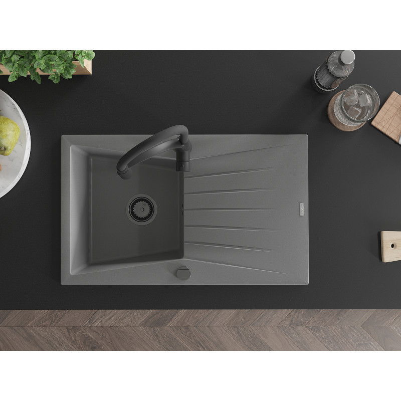 Mexen Cesar chiuvetă de granit cu o cuvă cu scurgător și baterie de bucătărie Aster, gri - 6514-71-73450-70-B
