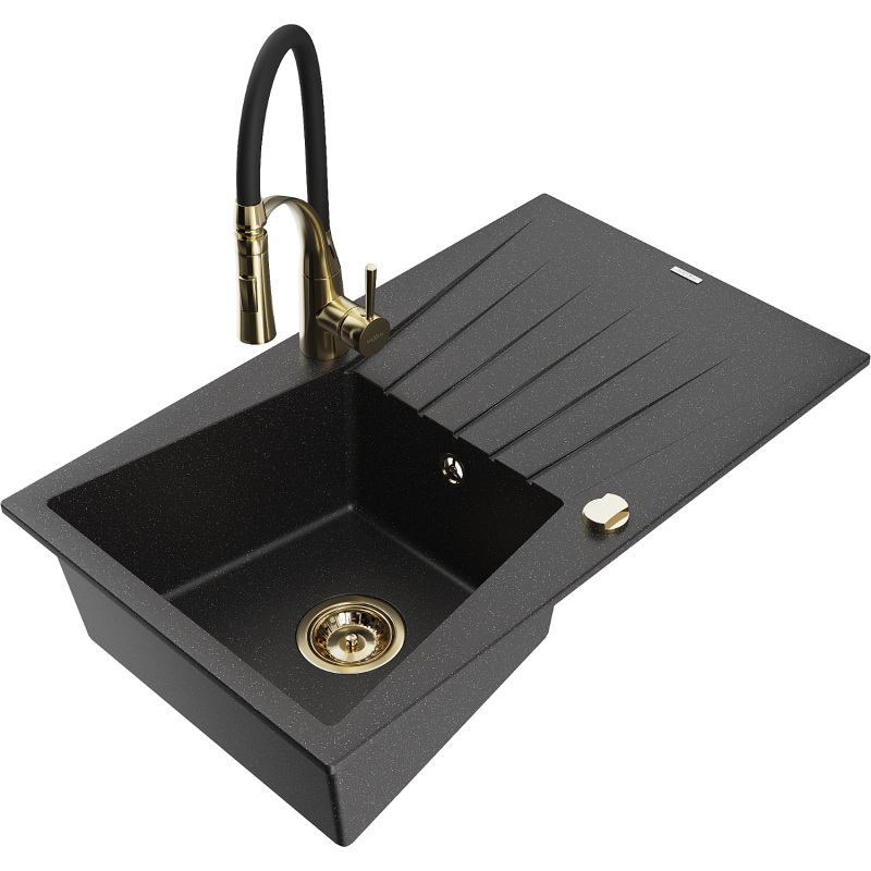 Chiuvetă granitică Mexen Cesar cu 1 cuvă, scurgător și baterie de bucătărie Aster, negru/argintiu metalic - 6514-73-73450-57-G