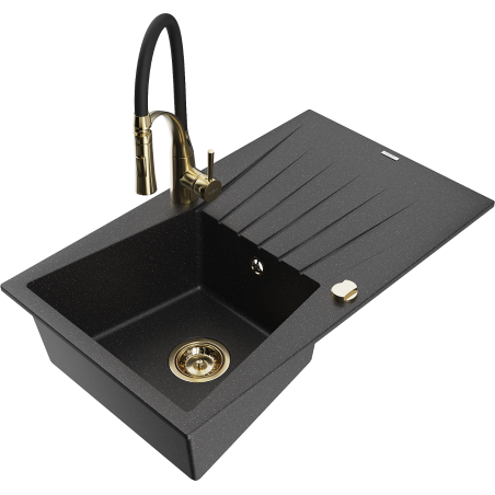 Mexen Cesar chiuvetă de bucătărie din granit cu 1 cuvă, cu scurgător și robinet Aster, negru/argintiu metalic