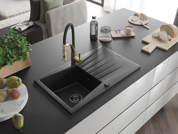 Mexen Cesar chiuvetă granit 1 compartiment cu scurgător și baterie bucătărie Aster, negru/argintiu metalic - 6514-73-73450-57-B