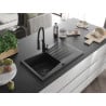Mexen Cesar chiuvetă de granit cu 1 cuvă, scurgător și baterie bucătărie Aster, negru/argintiu metalic - 6514-73-73450-70-B