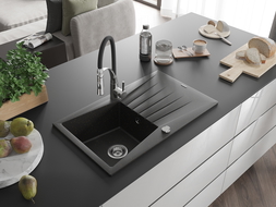 Mexen Cesar chiuvetă granit 1-comparte cu scurgător și baterie bucătărie Aster, negru/auriu metalic - 6514-75-73450-07