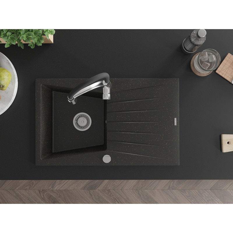 Mexen Cesar 1-medencés gránit mosogató csepegtetővel és Aster konyhai csappal, fekete/arany metál - 6514-75-73450-07