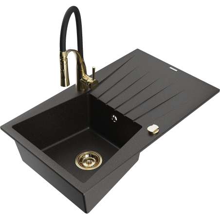 Mexen Cesar chiuvetă granit compusă dintr-o singură cameră cu scurgător și baterie de bucătărie Aster, negru/or metalic