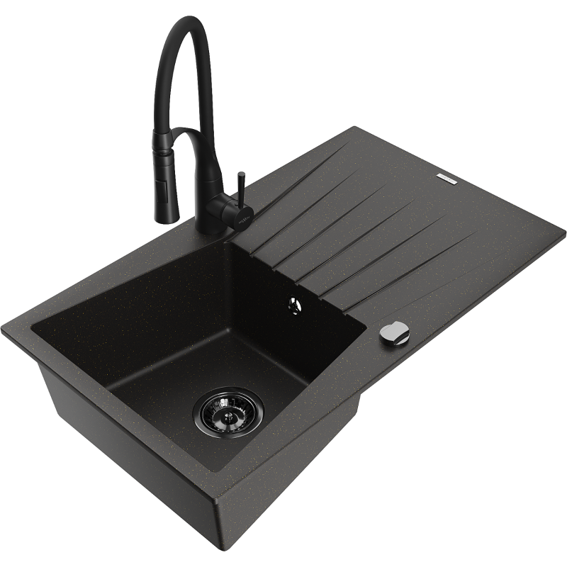 Mexen Cesar chiuvetă granitică cu o cuvă, cu scurgător și baterie de bucătărie Aster, negru/auriu metalizat
