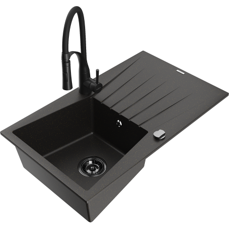 Mexen Cesar chiuvetă granitică cu o cuvă, cu scurgător și baterie de bucătărie Aster, negru/auriu metalizat