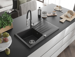 Mexen Cesar chiuvetă granit 1 cameră cu picurător și baterie de bucătărie Aster, negru pătat - 6514-76-73450-07