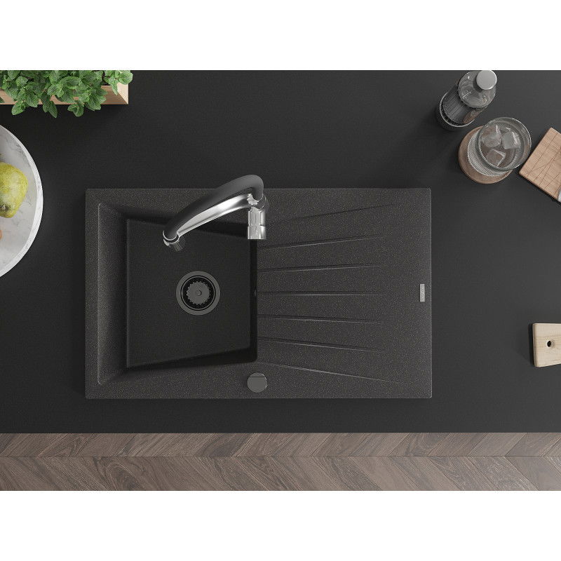 Mexen Cesar chiuvetă de granit cu 1 compartiment, cu scurgător și baterie de bucătărie Aster, negru pătat - 6514-76-73450-07-B