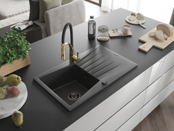 Mexen Cesar chiuvetă de granit cu 1 cuvă cu picurător și baterie de bucătărie Aster, negru stropit - 6514-76-73450-57-B