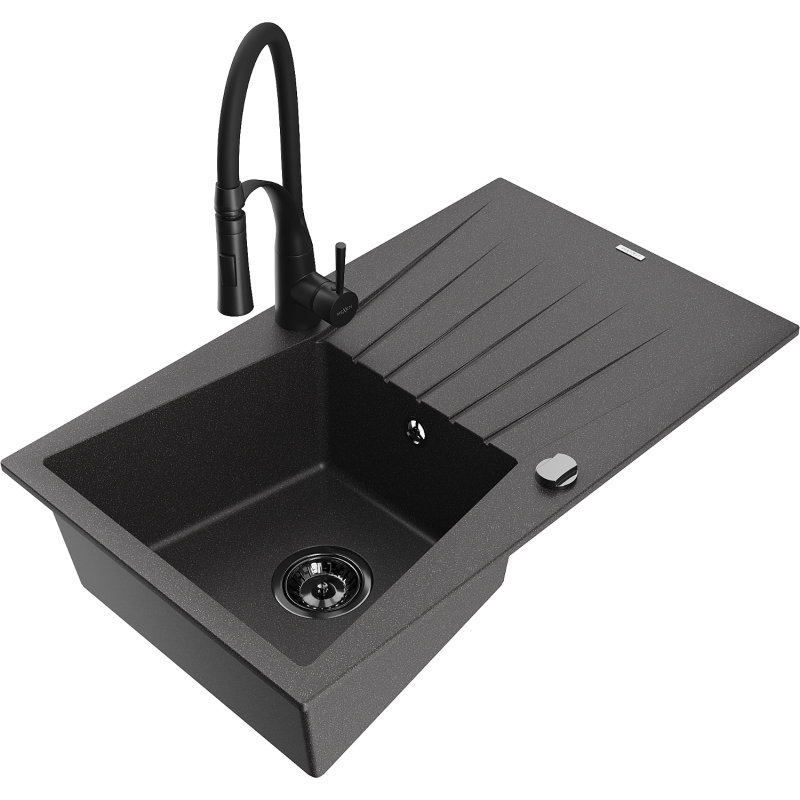 Mexen Cesar chiuvetă de bucătărie din granit cu 1 compartiment, cu scurgător și baterie Aster, negru pestriț