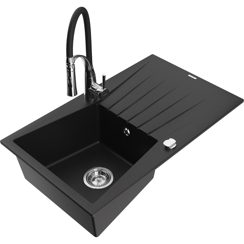 Mexen Cesar chiuvetă de granit cu 1 compartiment cu picurător și baterie de bucătărie Aster, neagră - 6514-77-73450-07