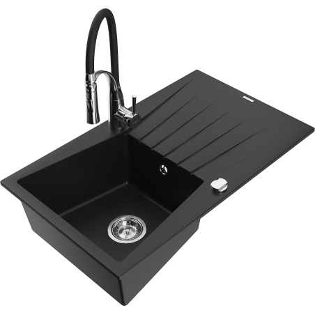 Mexen Cesar chiuvetă de granit cu 1 compartiment cu picurător și baterie de bucătărie Aster, neagră - 6514-77-73450-07