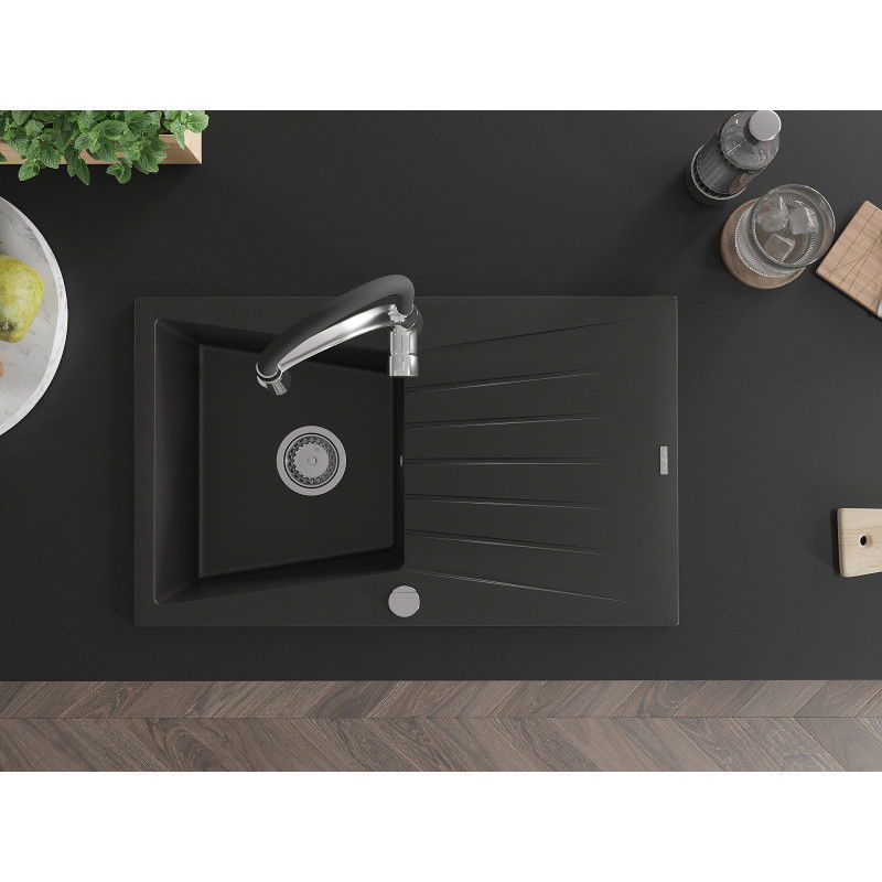 Mexen Cesar chiuvetă de granit cu 1 compartiment cu picurător și baterie de bucătărie Aster, neagră - 6514-77-73450-07