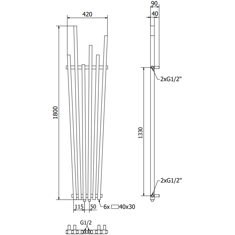 Mexen Omaha radiator decorativ 1800 x 420 mm, 655 W, negru - W208-1800-420-00-70