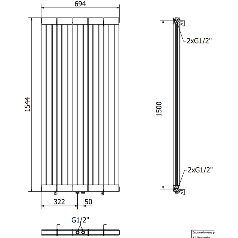 Mexen Waco radiator decorativ 1544 x 694 mm, 1550 W, negru - W217-1544-694-00-70