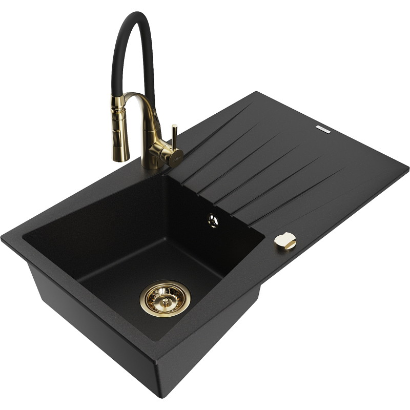 Mexen Cesar chiuvetă de granit cu 1 compartiment cu scurgător și baterie de bucătărie Aster, negru - 6514-77-73450-57-G