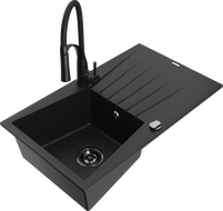Mexen Cesar chiuvetă de granit cu 1 cuvă cu scurgător și baterie de bucătărie Aster, negru - 6514-77-73450-70-B