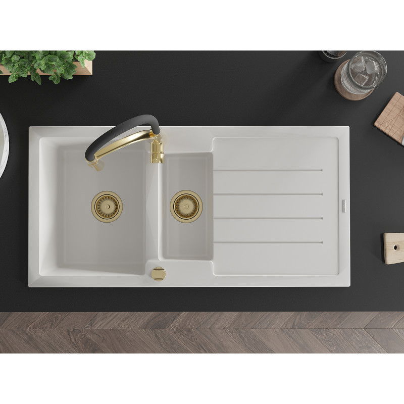 Mexen Andres chiuvetă din granit cu 1,5 compartimente și scurgător și baterie de bucătărie Aster, alb - 6515-20-73450-57-G