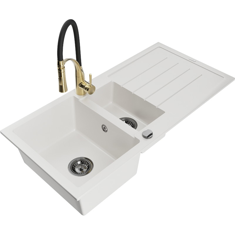 Mexen Andres gránit mosogató 1,5 rekeszes csepegtetővel és Aster konyhai csappal, fehér - 6515-20-73450-57-B
