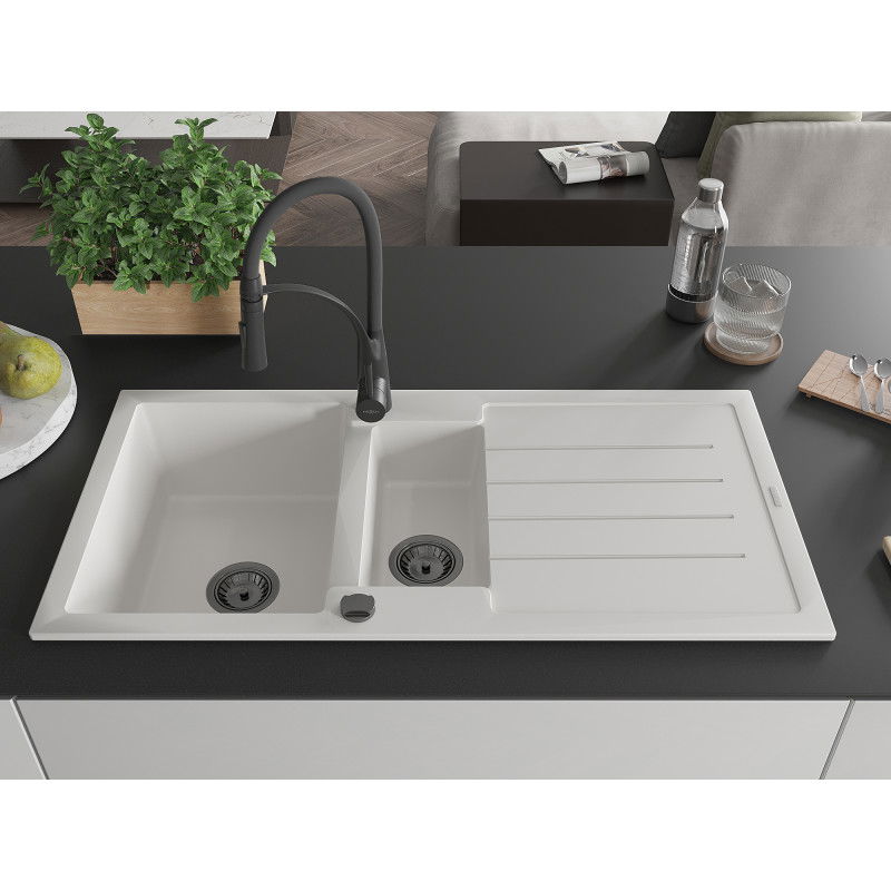 Mexen Andres chiuvetă din granit cu 1,5 cuve și picurător și baterie de bucătărie Aster, alb - 6515-20-73450-70-B