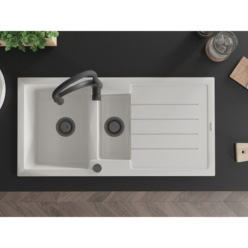 Mexen Andres granito mosogatógép 1,5 rekeszes csöpögtetővel és Aster konyhai csapteleppel, fehér - 6515-20-73450-70-B