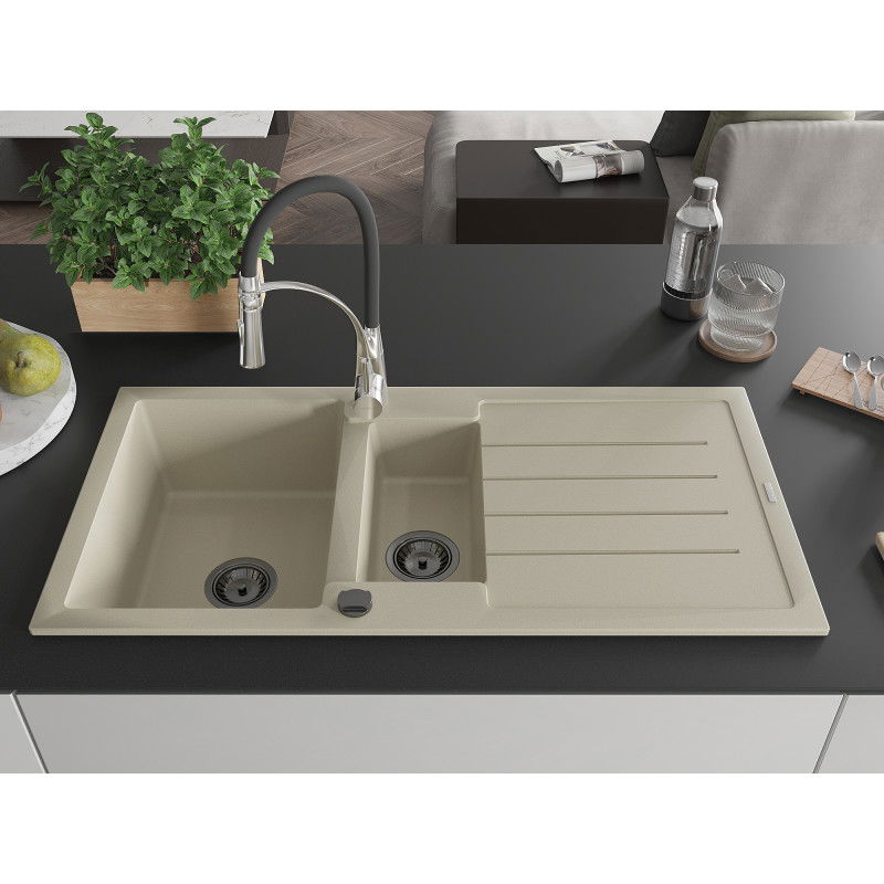 Mexen Andres chiuvetă de granit cu 1,5 cuve cu scurgător și baterie de bucătărie Aster, bej - 6515-69-73450-07-B