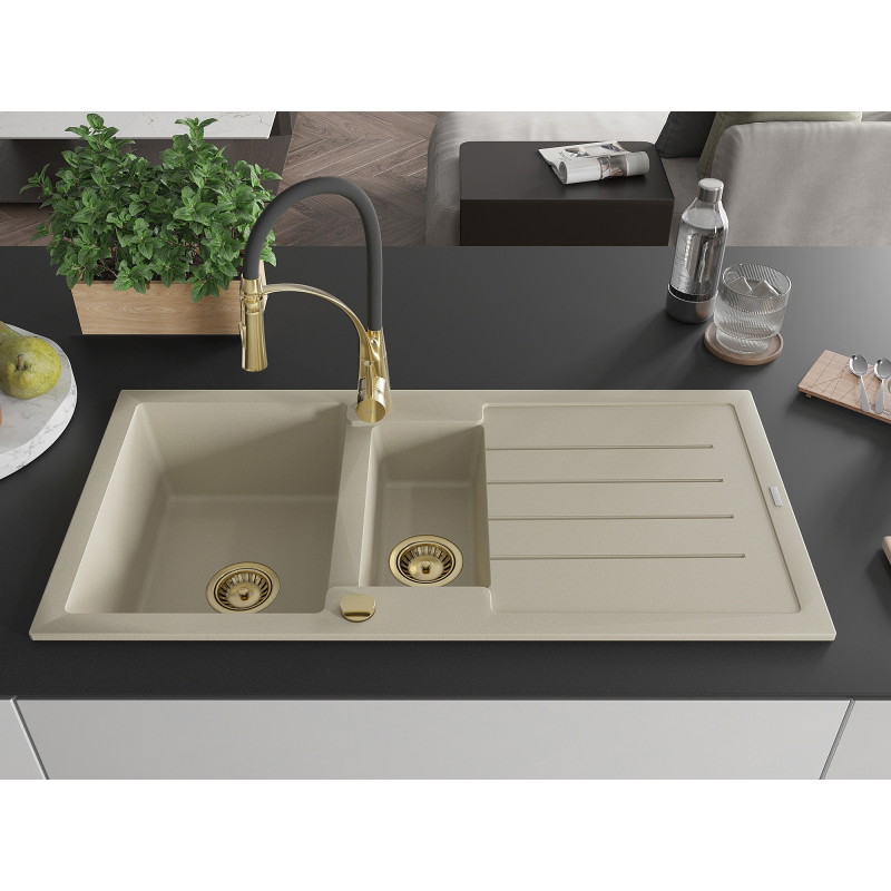 Mexen Andres chiuvetă de granit cu 1,5 compartimente, cu scurgător și baterie de bucătărie Aster, bej - 6515-69-73450-57-G