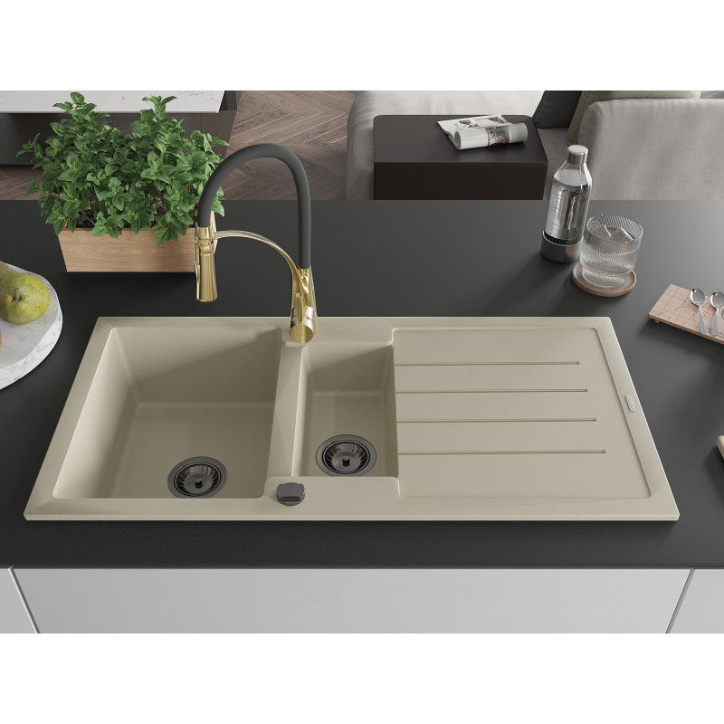 Mexen Andres gránit mosogató 1,5 rekeszes csepptálcával és Aster konyhai csappal, bézs - 6515-69-73450-57-B