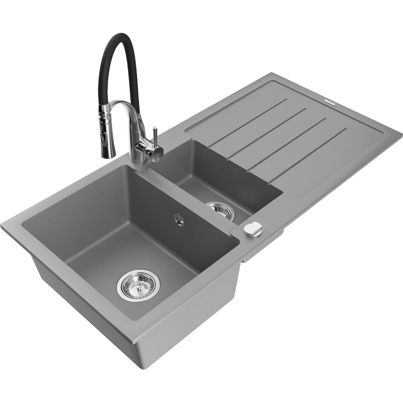 Mexen Andres chiuvetă granitică 1,5-camere cu scurgător și baterie de bucătărie Aster, gri - 6515-71-73450-07