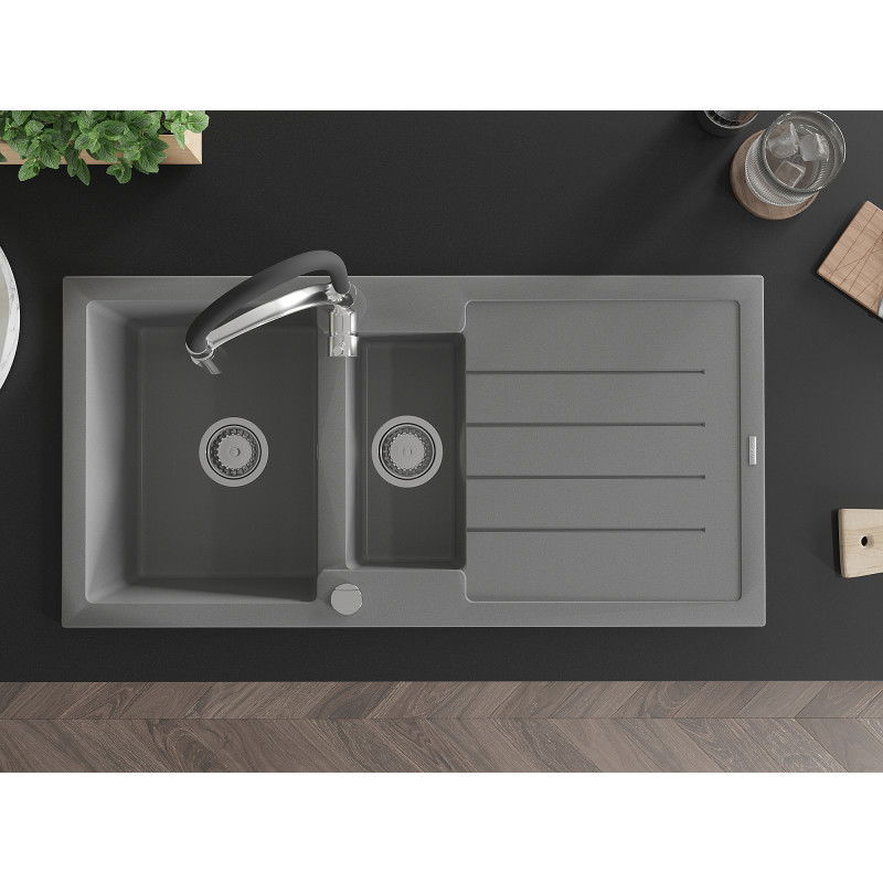 Mexen Andres chiuvetă granitică 1,5-camere cu scurgător și baterie de bucătărie Aster, gri - 6515-71-73450-07