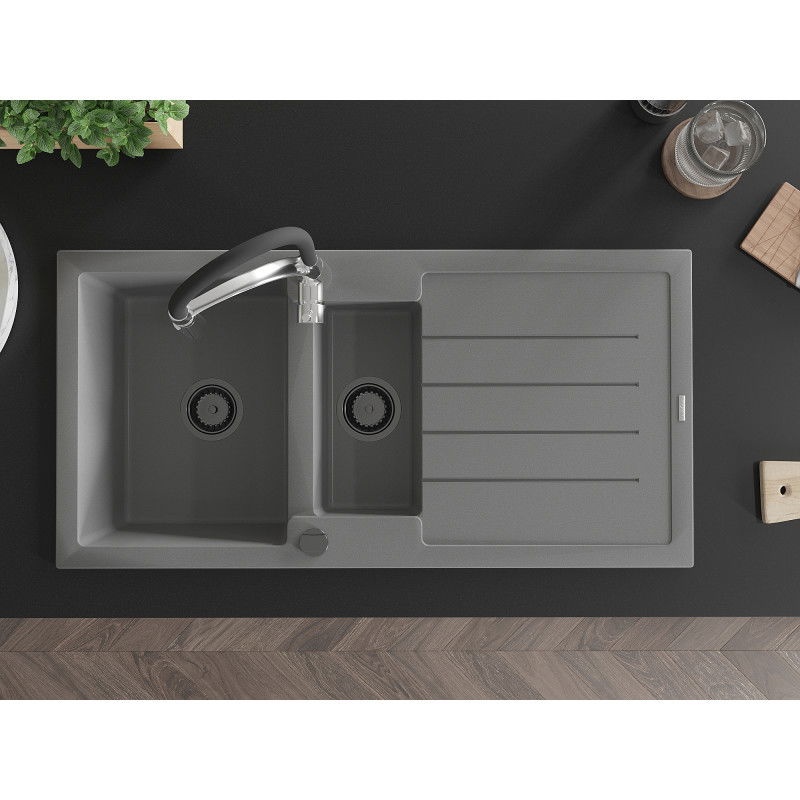 Mexen Andres chiuvetă din granit cu 1,5 camere și scurgător și baterie de bucătărie Aster, gri - 6515-71-73450-07-B