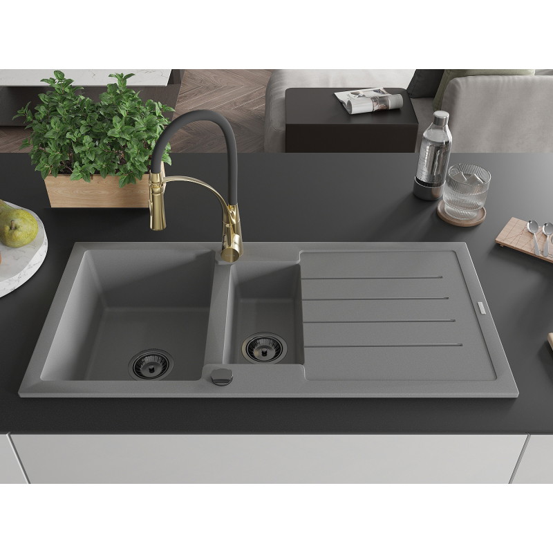 Mexen Andres chiuvetă granitică 1,5 cuve cu scurgător și baterie de bucătărie Aster, gri - 6515-71-73450-57-B