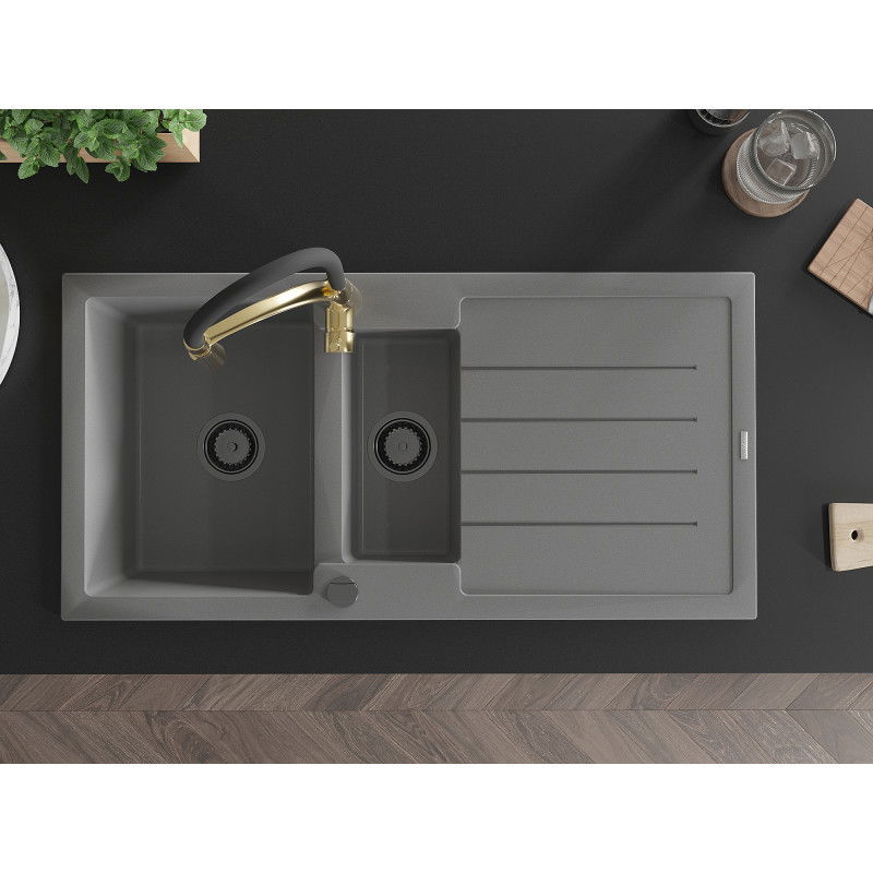 Mexen Andres chiuvetă de granit cu 1,5 compartimente, cu scurgător și baterie de bucătărie Aster, gri - 6515-71-73450-57-B
