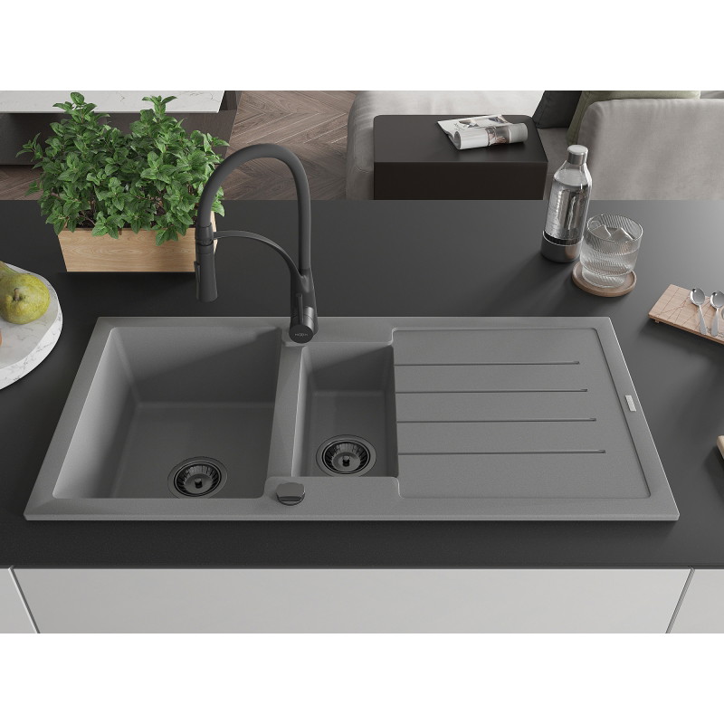 Mexen Andres chiuvetă de granit 1,5 compartiment cu scurgător și baterie de bucătărie Aster, gri - 6515-71-73450-70-B