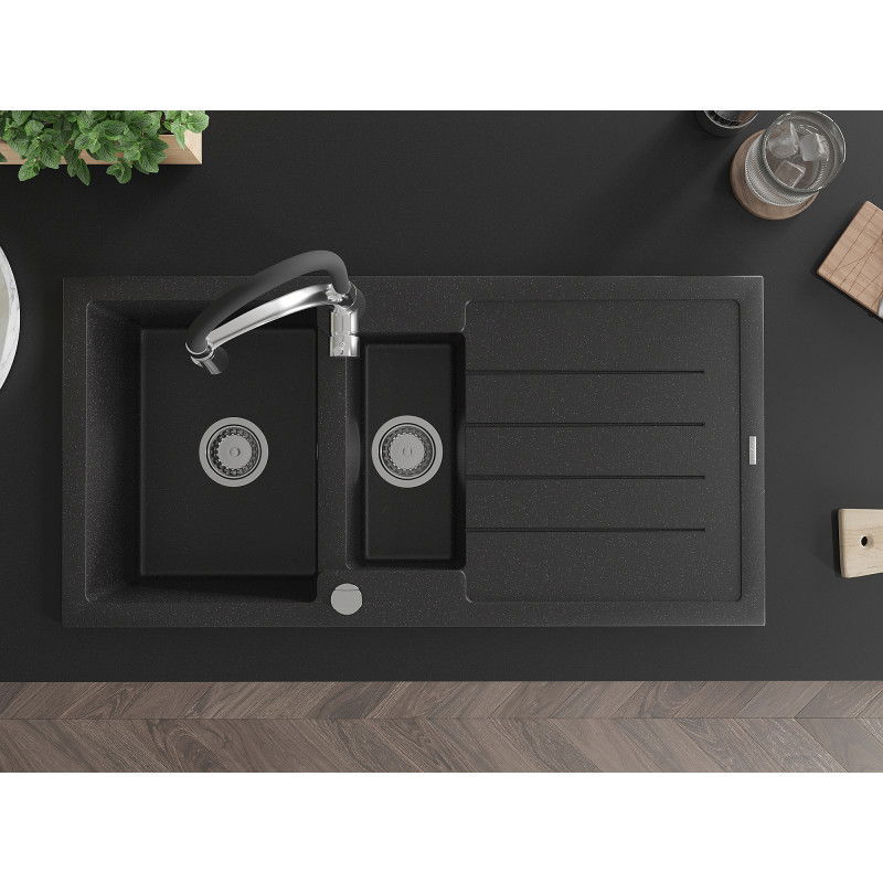 Mexen Andres gránit mosogató 1,5 medencés csepptálcával és Aster konyhai csapteleppel, fekete/ezüst metál - 6515-73-73450-07