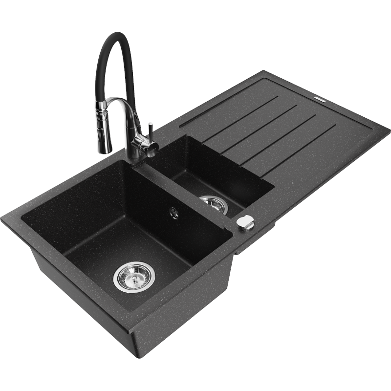 Mexen Andres chiuvetă din granit cu 1,5 camere cu scurgător și baterie de bucătărie Aster, negru/argintiu metalic