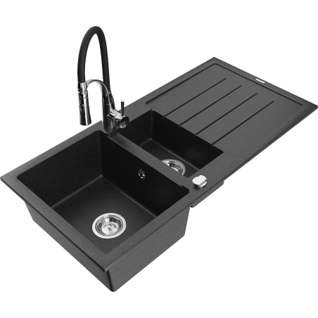 Mexen Andres chiuvetă din granit cu 1,5 camere cu scurgător și baterie de bucătărie Aster, negru/argintiu metalic