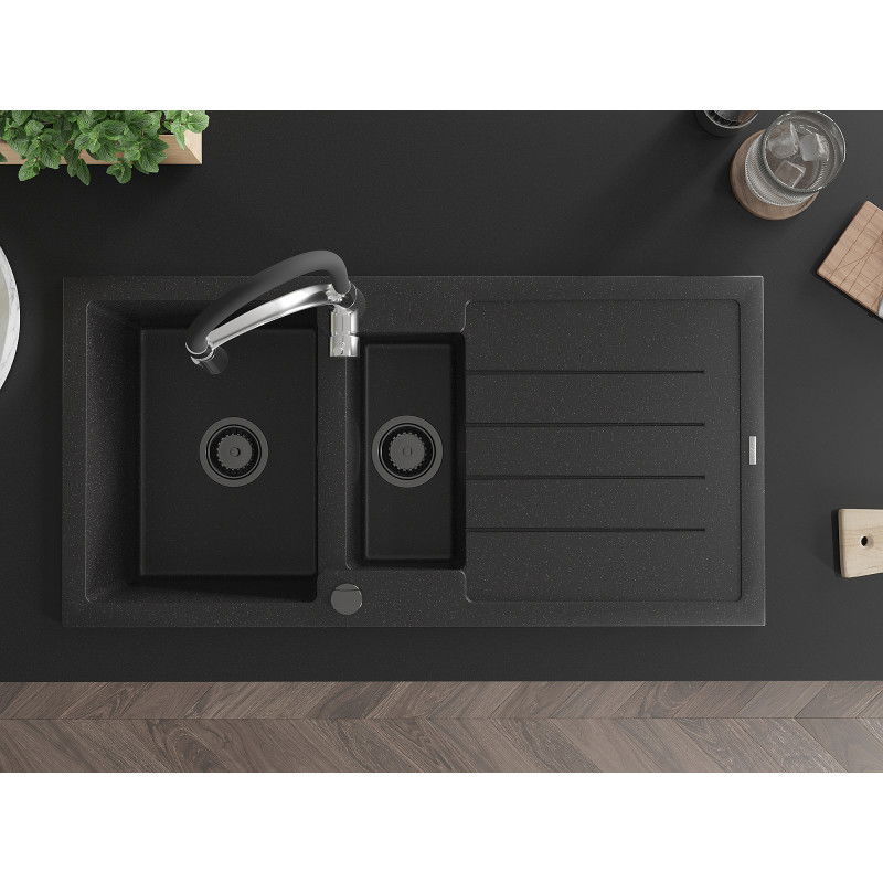 Mexen Andres gránit mosogató 1,5 medencés csepegtetővel és Aster konyhai csapteleppel, fekete/ezüst - 6515-73-73450-07-B