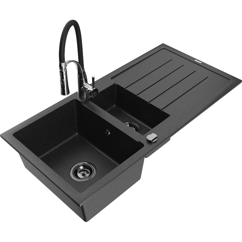 Mexen Andres chiuvetă granit 1,5-camere cu scurgător și baterie de bucătărie Aster, negru/argintiu - 6515-73-73450-07-B