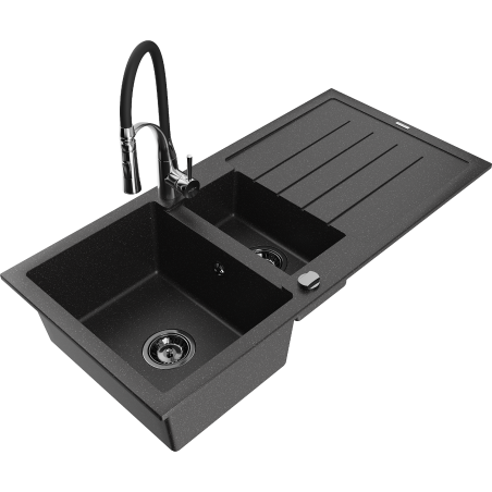Mexen Andres chiuvetă granit 1,5-camere cu scurgător și baterie de bucătărie Aster, negru/argintiu - 6515-73-73450-07-B