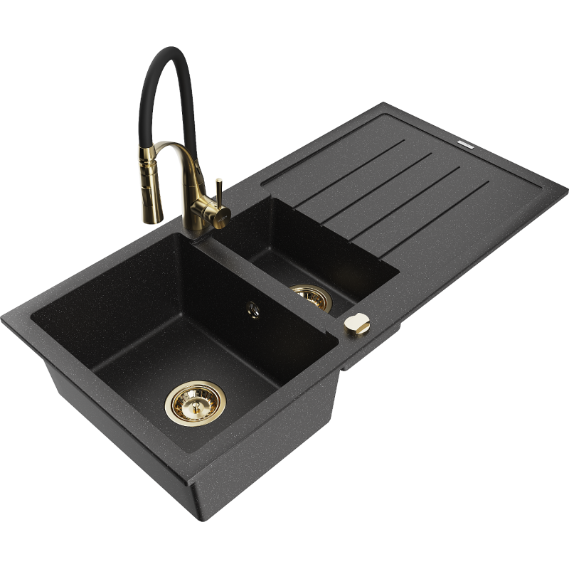 Mexen Andres chiuvetă de granit 1,5 camere cu scurgător și baterie Aster, negru/argintiu - 6515-73-73450-57-G