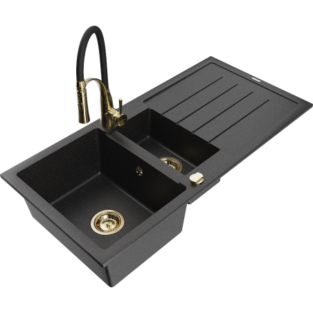 Mexen Andres chiuvetă din granit cu 1,5 compartimente și scurgător și baterie de bucătărie Aster, negru/argintiu