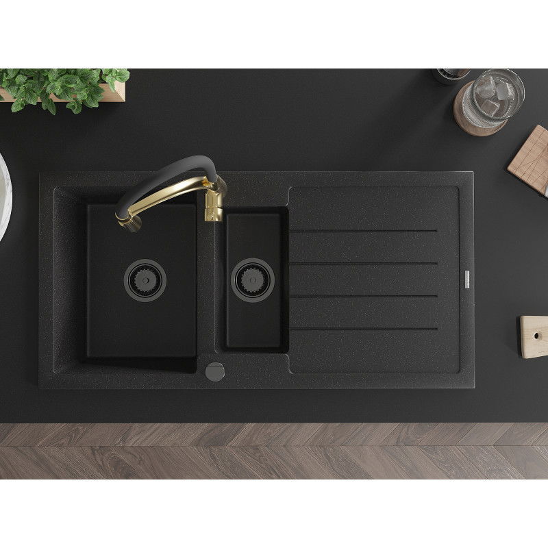 Mexen Andres gránit mosogató 1,5 rekeszes csepegtetővel és Aster konyhai csapteleppel, fekete/ezüst - 6515-73-73450-57-B