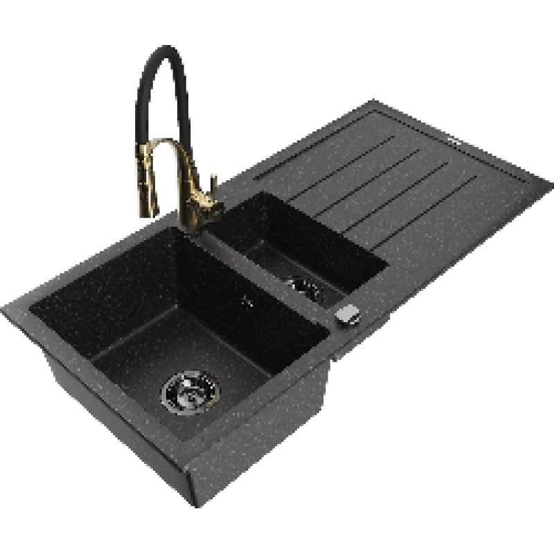 Mexen Andres chiuvetă de granit 1,5 camere cu scurgător și baterie de bucătărie Aster, negru/argintiu - 6515-73-73450-57-B