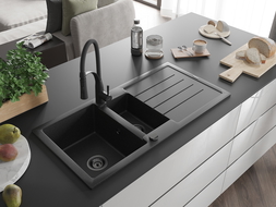 Chiuvetă granit Mexen Andres cu 1,5 boluri, picurător și baterie de bucătărie Aster, negru/argintiu - 6515-73-73450-70-B