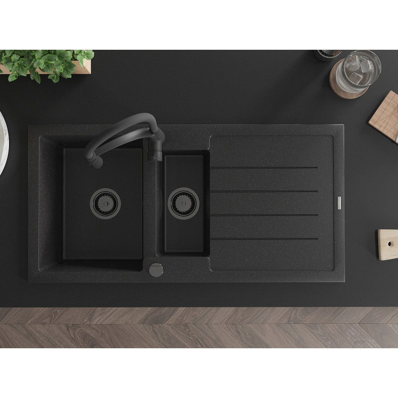 Mexen Andres 1,5 medencés gránit mosogató csepptálcával és Aster konyhai csapteleppel, fekete/ezüst - 6515-73-73450-70-B