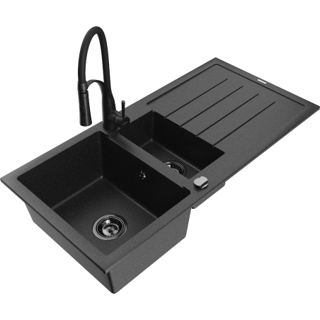 Chiuvetă granit Mexen Andres cu 1,5 boluri, picurător și baterie de bucătărie Aster, negru/argintiu - 6515-73-73450-70-B