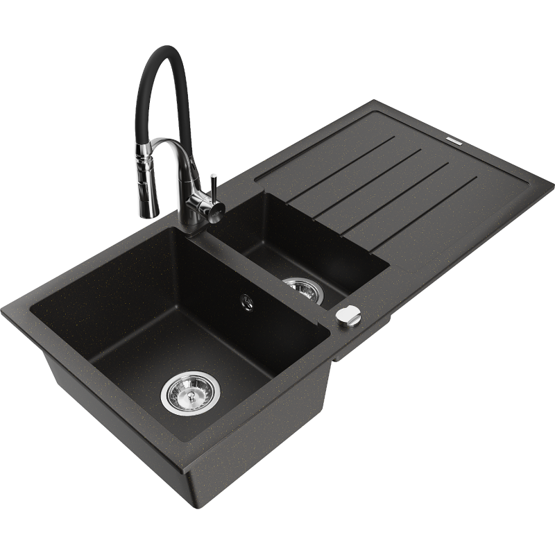 Mexen Andres chiuvetă de granit cu 1,5 cuve, cu scurgător și robinet de bucătărie Aster, negru/auriu metalic